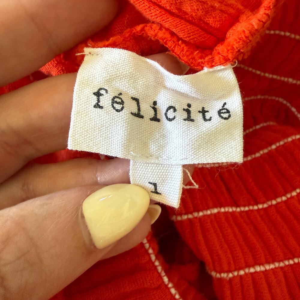 FELICITÉ Red Orange Gauze Smocked Tiered Midi Length Cap Sleeve Dress XS - Picture 6 of 7